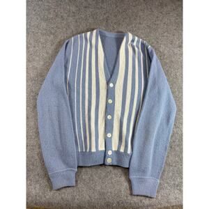 Vintage 60s Sweater Mens Large Blue White Striped Knit Cardigan Minimalist